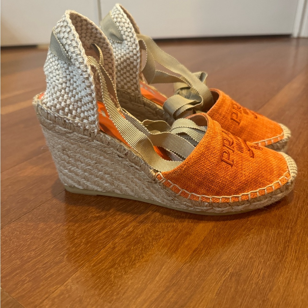 Prada Linen Espadrille Wedge Sandals with box and tags